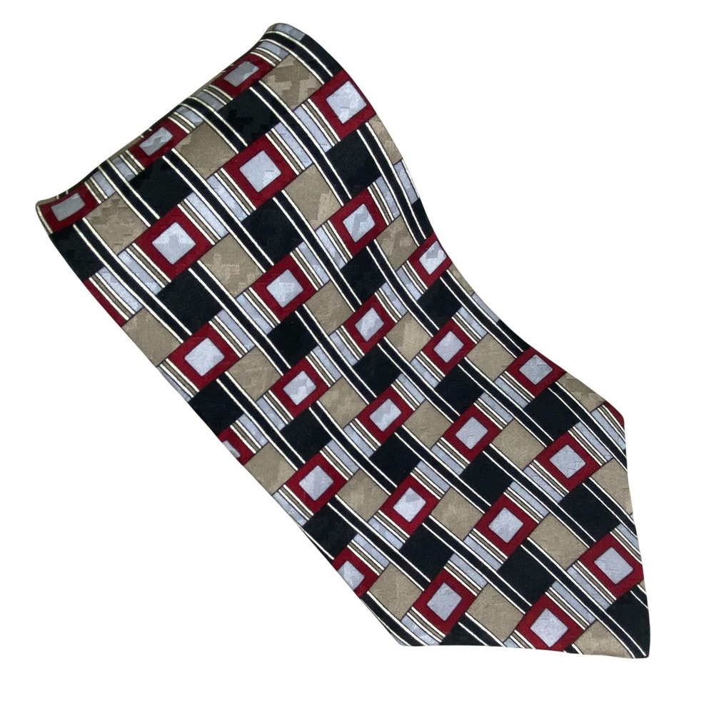 VTG Wembley Necktie Mens OS Geometric Silk‎ Red Black Grey Tan Minimalist 57x4